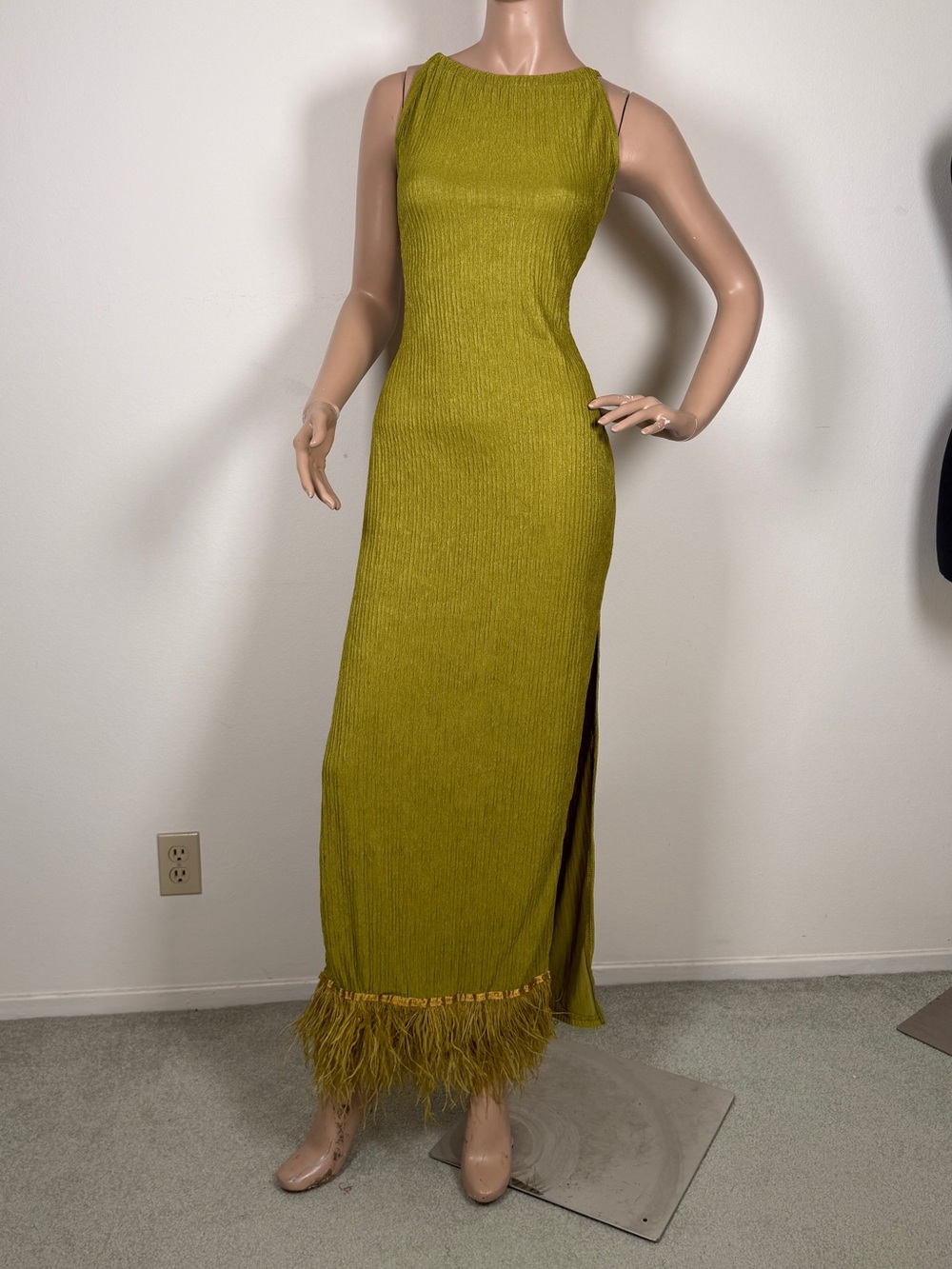 Olive green Feather-Hem Sleeveless halter Maxi Dress